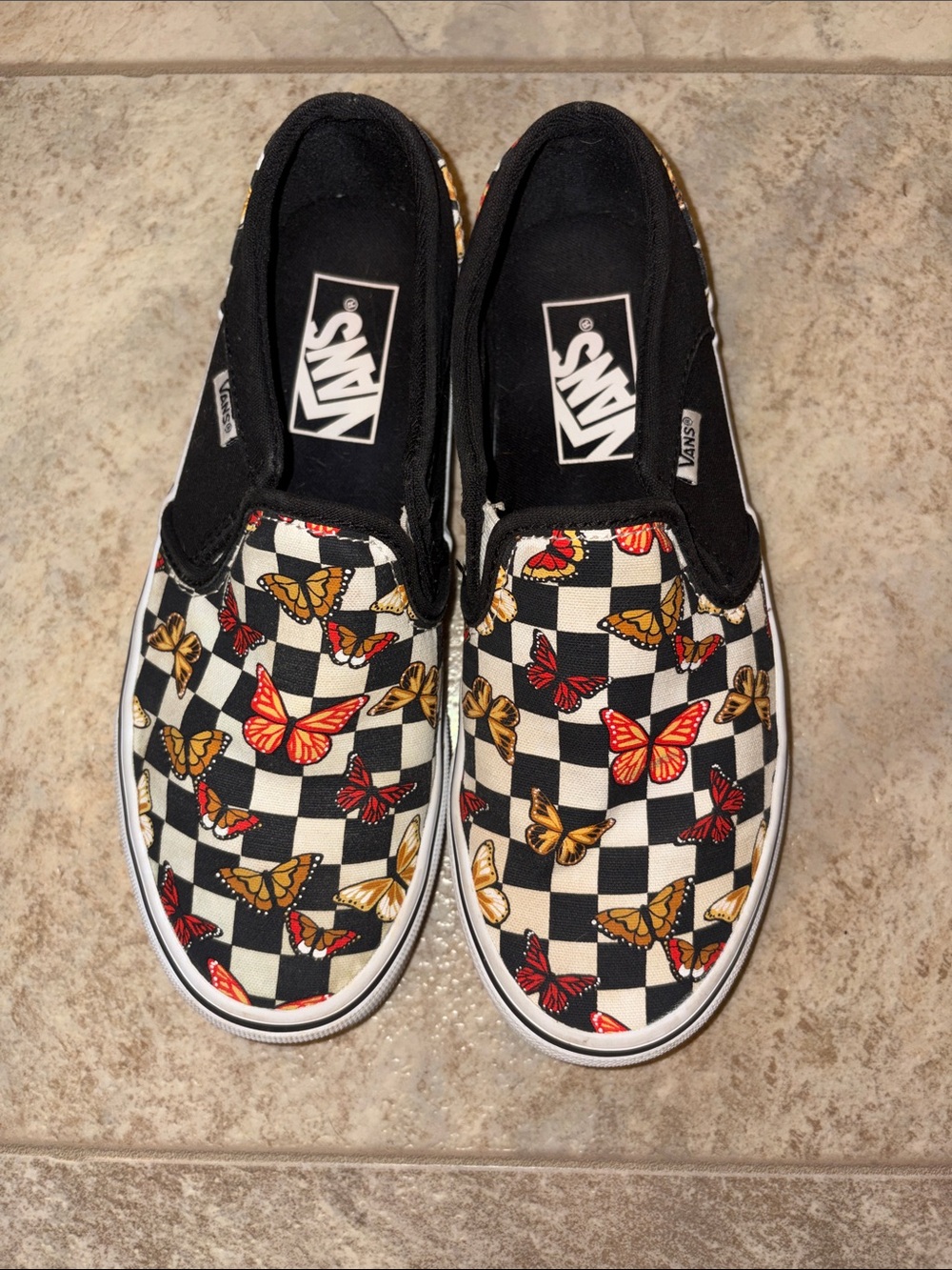Vans Women's Slip-On Checkerboard Butterfly Sneakers - Black/Red/Gold